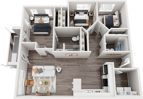 Floor plan for 3 beds, 2 baths, 1113 sqft